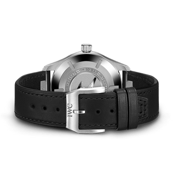 Back shot image of IWC Pilot's Watch Mark XX with black dial, stainless steel case and black strap.