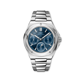Front shot image of IWC Ingenieur Perpetual Calendar 41 with blue dial, stainless steel Case and stainless steel bracelet.
