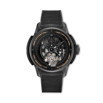 Front shot image of IWC Big Pilot’s Watch Shock Absorber Tourbillon Skeleton XPL with black dial, Ceratanium® case and black rubber strap with black calfskin inlay.
