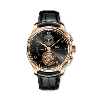 IWC Portugieser Tourbillon Chronograph with black dial, gold case and black leather straps