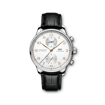 Front shot image of IWC Portugieser Chronograph with silver plated dial, stainless steel case and black alligator leather strap.