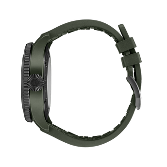 Side shot image of IWC Pilot’s Watch Timezoner TOP GUN Woodland with ceramic case and green rubber strap with textile inlay.