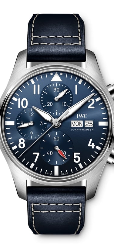 A front view of an IWC Schaffhausen Pilot's Watch Chronograph 41, reference IW388101, with a deep blue dial, white sub-dials, and a blue calfskin strap with white stitching.