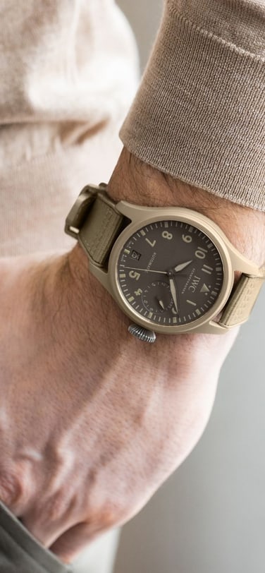 Close up of Big Pilot's Watch TOP GUN Edition "Mojave Desert" on a man's wrist