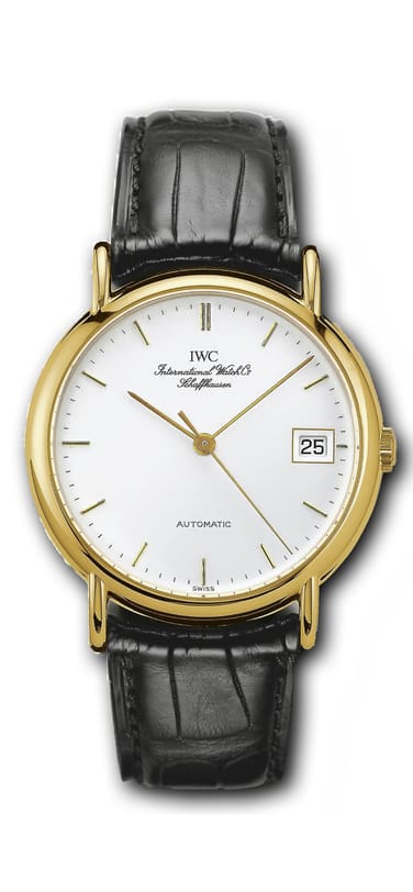 IWC Portofino watch with white dial and black leather strap.