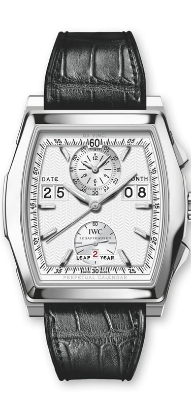 Image showing the IWC Perpetual Calendar watch with white dial and black leather strap
