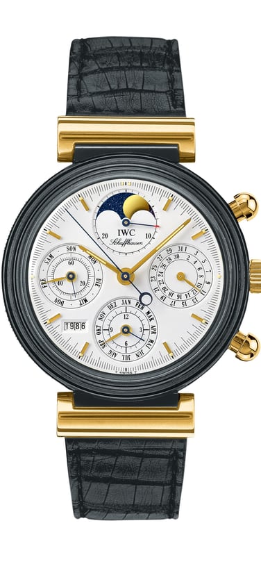 Image showing the IWC Da Vinci watch with white dial and black leather strap