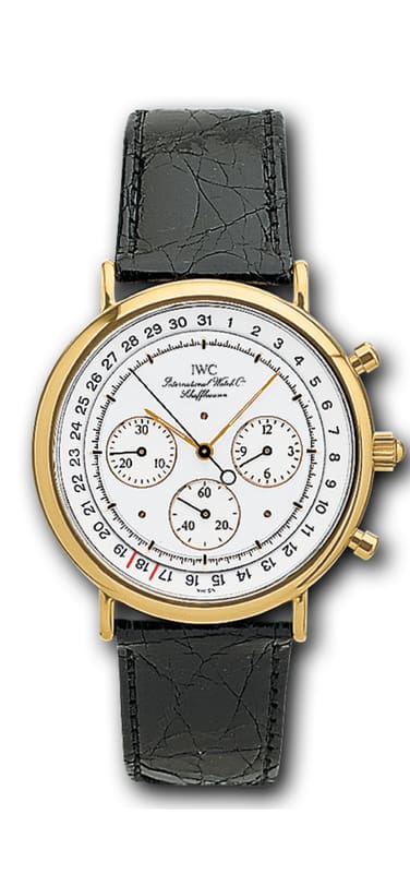 IWC Portofino watch Reference 3513 with white dial and black leather strap.