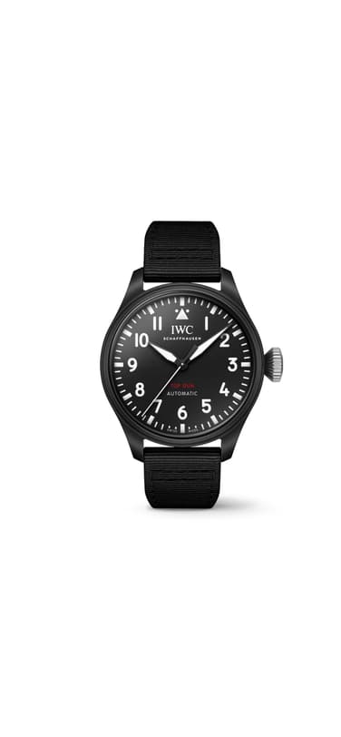 The Pilot's Watch 43 TOP GUN with a case made of black ceramic, a black dial infront of a jet black background.
