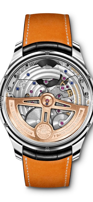 The reverse side of the IW504601 Portugieser Tourbillon Mystère Rétrograde withsteel case and visible calibre