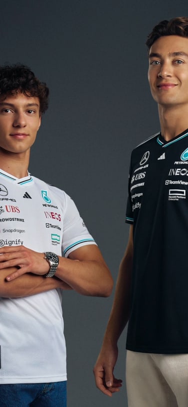 Mercedes-AMG PETRONAS Formula One™ new driver Andrea Kimi Antonelli with Grand Prix-winner and IWC brand ambassador, George Russell wearing IWC watches