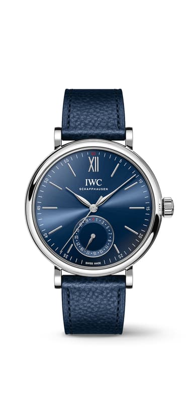 IWC Portofino Pointer Date Laureus with blue dial, stainless steel case and blue calfskin strap.