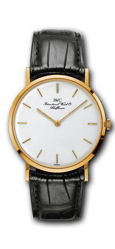 IWC Portofino watch Reference 5251 with white dial and black leather strap.