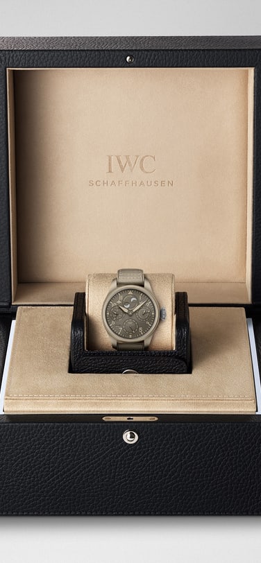 Big Pilot’s Watch TOP GUN Edition “Mojave Desert” watch with brown dial and light brown textile strap inside a leather IWC watch box