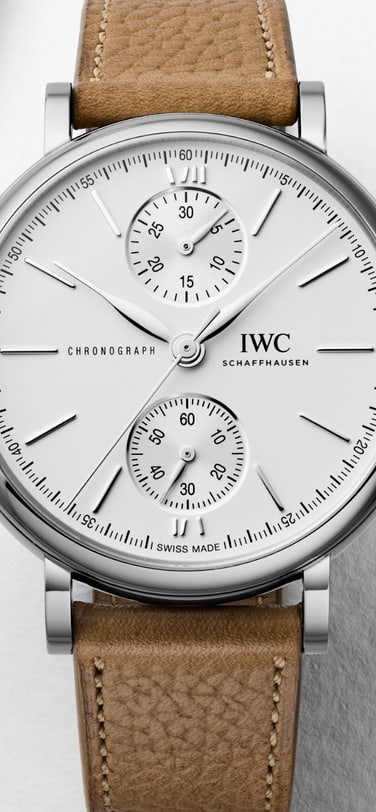 Front view the Portofino Chronograph 39 with a Beige Calfskin strap