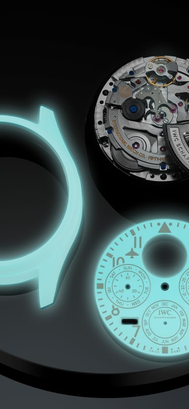 含发光陶瓷表壳、机芯组件和制表工具的IWC 大型飞行员万年历Ceralume® (Ref. IW505801) 扩展组装视图