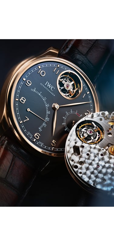 The IW504602 Portugieser Tourbillon Mystère Rétrograde with black dial and gold case