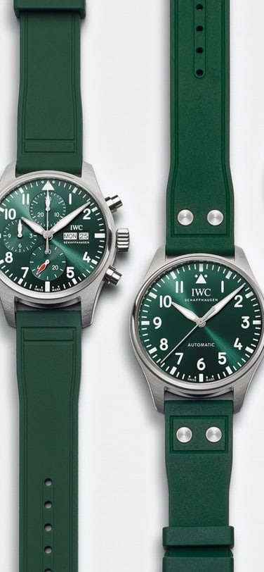 Front facing banner image displaying a selection of watches with Green faces and straps.