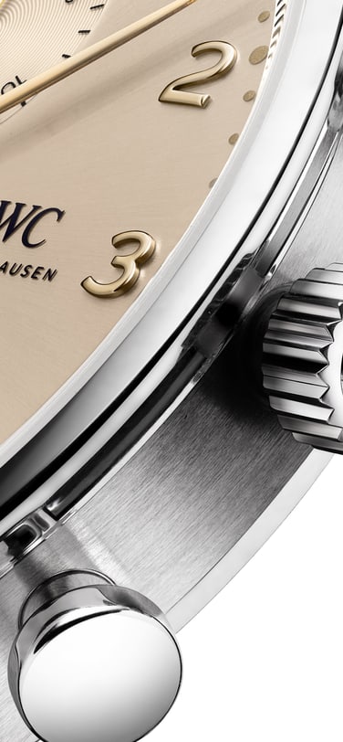 Angled Close-up of the Portugieser Chronograph Dune watch (IW371624) with a focus on the Crown with the IWC "Probus Scafusia" logo