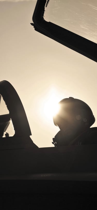 The silhouette of a cockpit of a modern fighterjet.